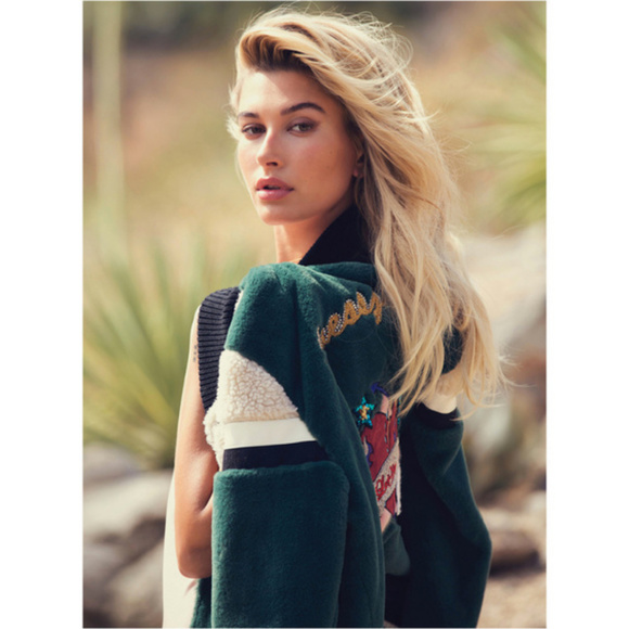 Celebrity Guess Designer Bomber Vintage Sherpa Jacket Green Hailey Beiber - Picture 2 of 8